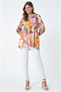 Orange Abstract Ladder Lace Cotton V-Neck Smock Top, Image 2 of 5