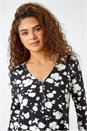Black Abstract Print Zip Detail V-Neck Stretch Top, Image 4 of 5