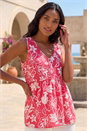 Coral Floral V-Neck Buttoned Top, Image 1 of 4