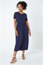 Navy  Petite Gathered Waist Midi Stretch Dress, Image 2 of 5