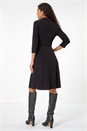 Black Ruched Button Stretch Midi Shirt Dress, Image 3 of 5