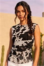 Natural  Cow Print Mesh Stretch Top, Image 2 of 4