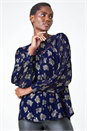 Midnight Blue Metallic Floral Print Ladder Lace Top, Image 2 of 5