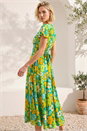 Yellow Floral Ruched Midi Dress, Image 3 of 4