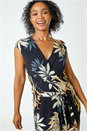 Black Petite Leaf Print Tie Waist Stretch Jumpsuit, Image 4 of 5