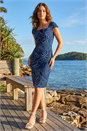 Royal Blue Petite Leaf Print Gathered Stretch Dress , Image 1 of 4