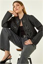 Black Quilted Velvet Trim Jacket, Image 2 of 7