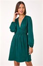 Green Pleated V-Neck Mini Dress, Image 2 of 6