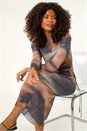 Rust Dusk Abstract Plisse Stretch Mesh Midi Dress, Image 1 of 7