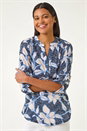 Navy Floral Print Burnout V-Neck Stretch Shirt, Image 2 of 5