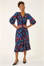 Blue Floral Print Lace Trim Midi Dress, Image 2 of 5
