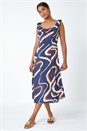 Navy Frill Neck Swirl Print Midi Dress, Image 1 of 5