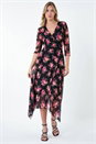 Black Floral Stretch Mesh Hanky Hem Wrap Dress, Image 2 of 5