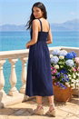 Navy  Linen Blend Lace Trim Midi Dress, Image 3 of 4