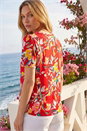 Red Floral Print Scallop Detail Top, Image 3 of 4