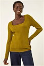 Olive Square Neck Ribbed Knit Jumper, Image 4 of 5
