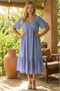 Blue Curve Stripe Print V-Neck Midi Dress, Image 1 of 4