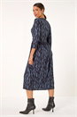 Blue Textured Wave Print V-Neck Midi Dress, Image 3 of 5