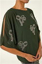 Dark Green Bow Hotfix Cold Shoulder Top, Image 5 of 5
