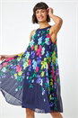 Navy Halter Neck Floral Pleated Chiffon Swing Dress, Image 1 of 5
