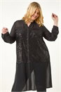 Black Curve Sequin V-Neck Chiffon Blouse, Image 1 of 5