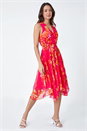 Cerise Floral Print Chiffon Shirred Asymmetric Dress, Image 2 of 6