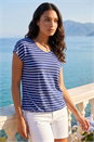 Navy Stripe Print V-Neck Stretch Tee, Image 1 of 4