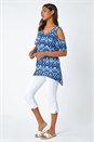 Blue Tie Dye Jersey  V-Neck Cold Shoulder Top, Image 4 of 5