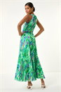 Green Blurred Print Pleated Maxi Dress, Image 3 of 5