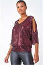 Red Cold Shoulder Sequin Stretch Top , Image 2 of 5