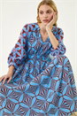 Blue Abstract Print V-Neck Maxi Dress, Image 1 of 5