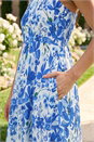 Blue Floral Print Strap Tie Midi Dress , Image 4 of 4