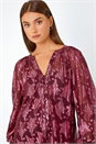 Wine Abstract Metallic Print V-Neck Blouse, Image 4 of 5