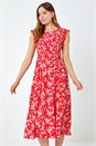 Red Floral Print Shirred Midi Dress, Image 1 of 5