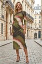 Khaki Abstract Print Mesh Stretch Midi Dress, Image 1 of 4
