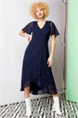 Navy Spot Chiffon Frill Asymmetric Midi Dress, Image 1 of 5