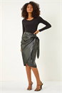 Black Dusk Faux Leather Wrap Midi Skirt, Image 3 of 5