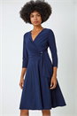 Navy Ring Buckle Wrap Stretch Dress, Image 1 of 5