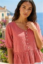 Red Buttoned Front Peplum Top, Image 1 of 4
