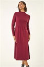 Burgundy Ribbed Knit High Neck Midi Dress, Image 2 of 5
