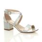Silver Mid Block Heel Crossed Straps Sandals, Image 1 of 6