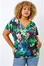 Green Curve Tropical Print Blouson Hem Top , Image 1 of 5