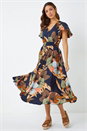 Navy Angel Sleeve Floral Print Midi Dress, Image 1 of 5