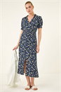 Navy  Ditsy Print V-Neck Midi Dress, Image 3 of 6