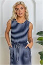Navy  Striped Draw Cord Maxi Dress, Image 4 of 4