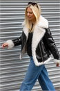 Black Contrast Faux Leather Aviator Coat, Image 2 of 4