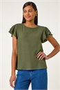Khaki Textured Frill Sleeve T-Shirt, Image 2 of 5