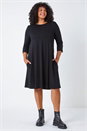 Black Curve Pocket Detail Swing Stretch Dress , Image 2 of 5