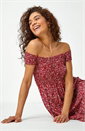 Red Floral Shirred Bardot Maxi Dress, Image 4 of 6