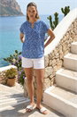 Royal Blue Speck Print V-Neck Button Top, Image 1 of 4